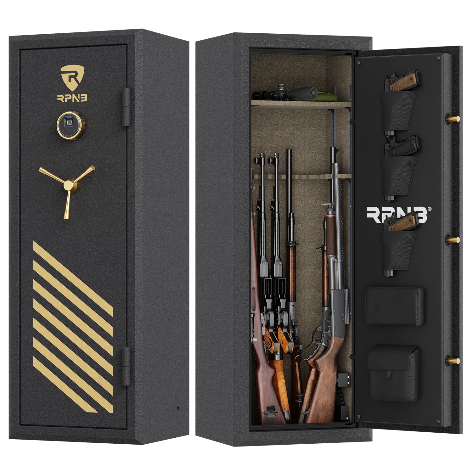 RPNB RPFS14-B 14 Gun Fireproof Biometric Gun Safe Black Door Open & Closed Empty