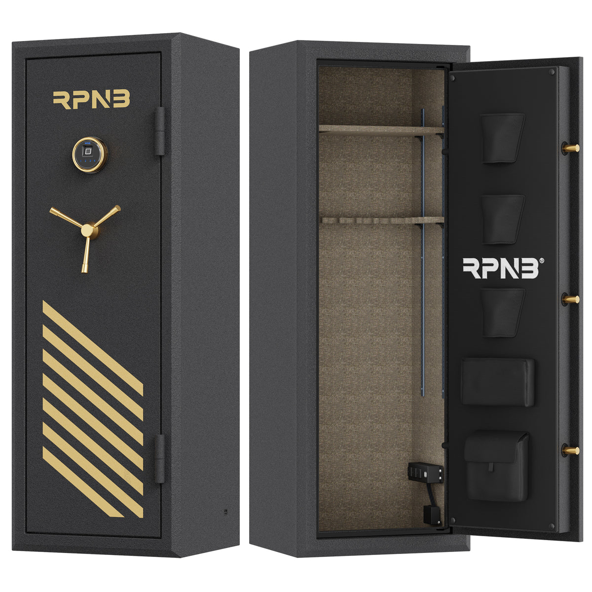 RPNB RPFS14-B 14 Gun Fireproof Biometric Gun Safe Black Door Closed on Left & Door Open on Right Empty