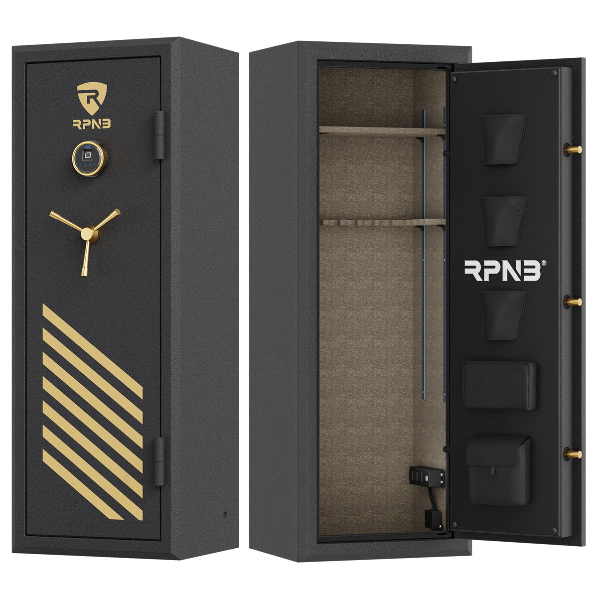 RPNB RPFS14-B 14 Gun Fireproof Biometric Gun Safe Black Door Open &amp; Closed Empty