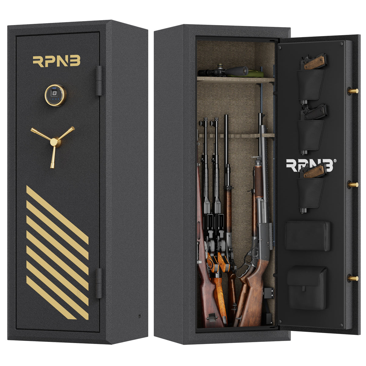 RPNB RPFS14-B 14 Gun Fireproof Biometric Gun Safe Black Door Closed on Left & Door Open on Right with Rifles