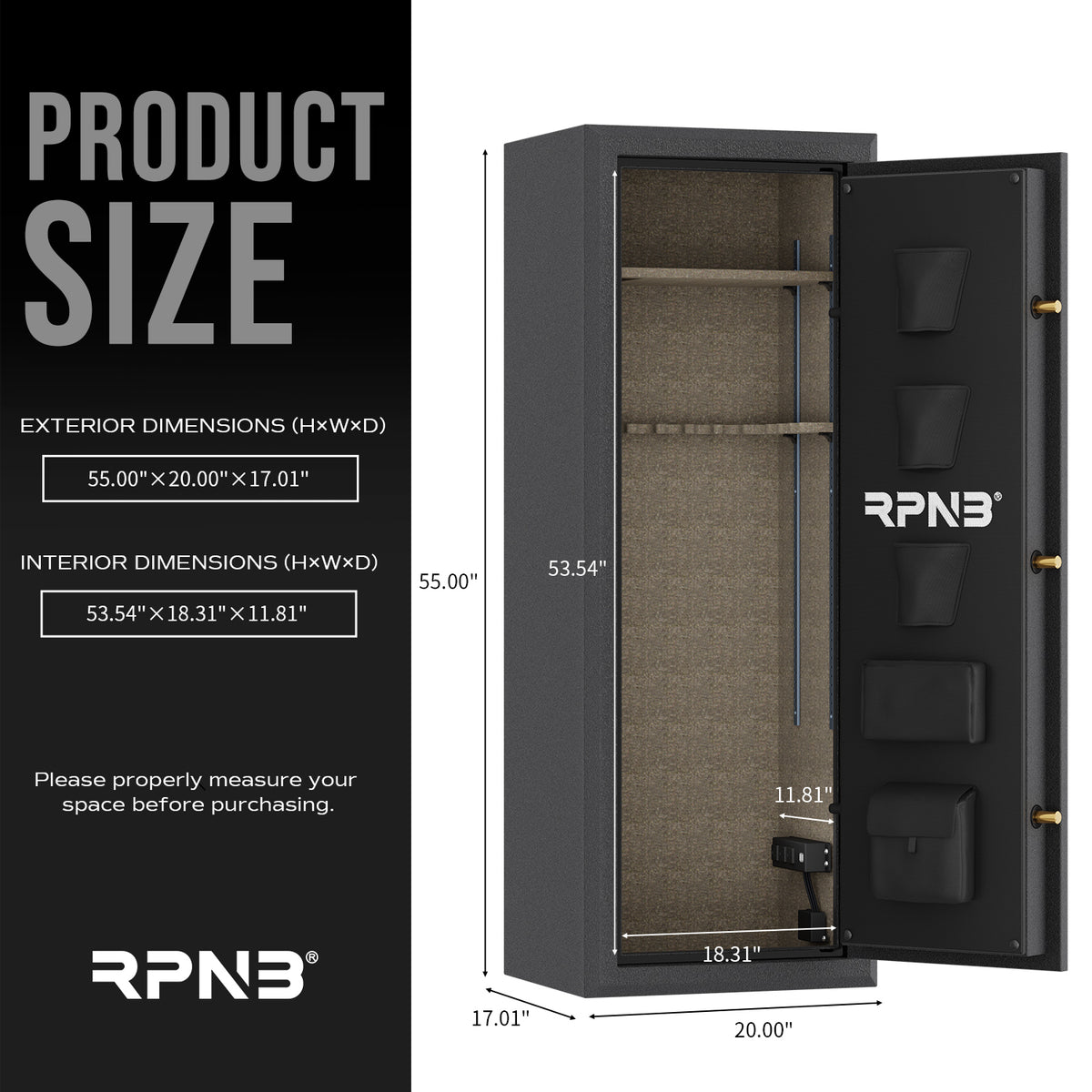 RPNB RPFS14-B 14 Gun Fireproof Biometric Gun Safe Black Dimensions