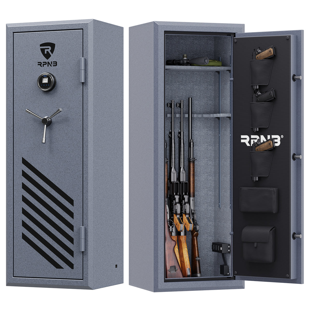 RPNB RPFS14-G 14 Gun Fireproof Biometric Gun Safe Grey Door Open &amp; Closed with Rifles