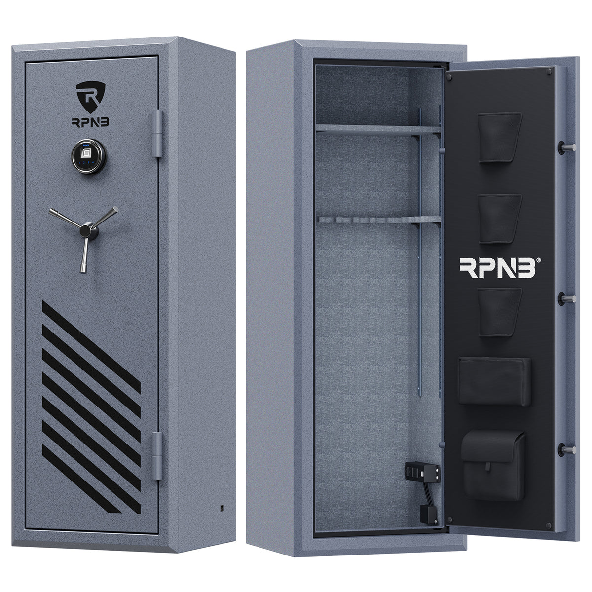 RPNB RPFS14-G 14 Gun Fireproof Biometric Gun Safe Grey Door Open &amp; Closed