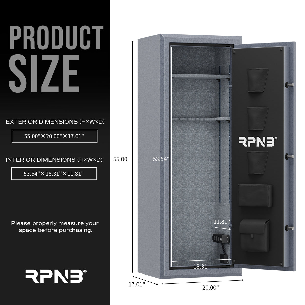 RPNB RPFS14-G 14 Gun Fireproof Biometric Gun Safe Grey Dimensions