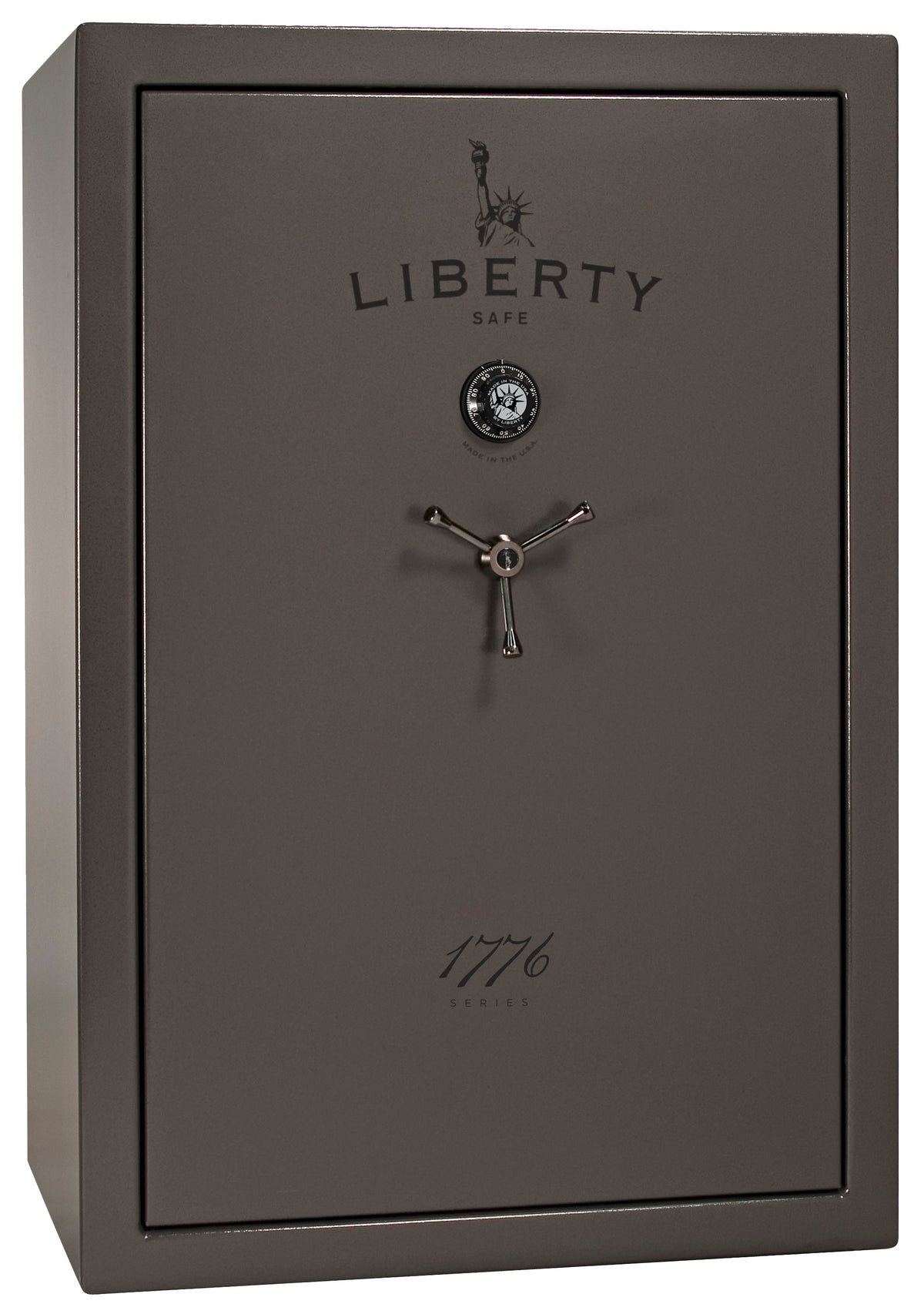 Liberty Safe 1776 50-Gun Safe in Gray Marble textured finish with mechanical combination dial, 3-spoke chrome handle, Liberty Safe logo and "1776 Series" script branding, front view
