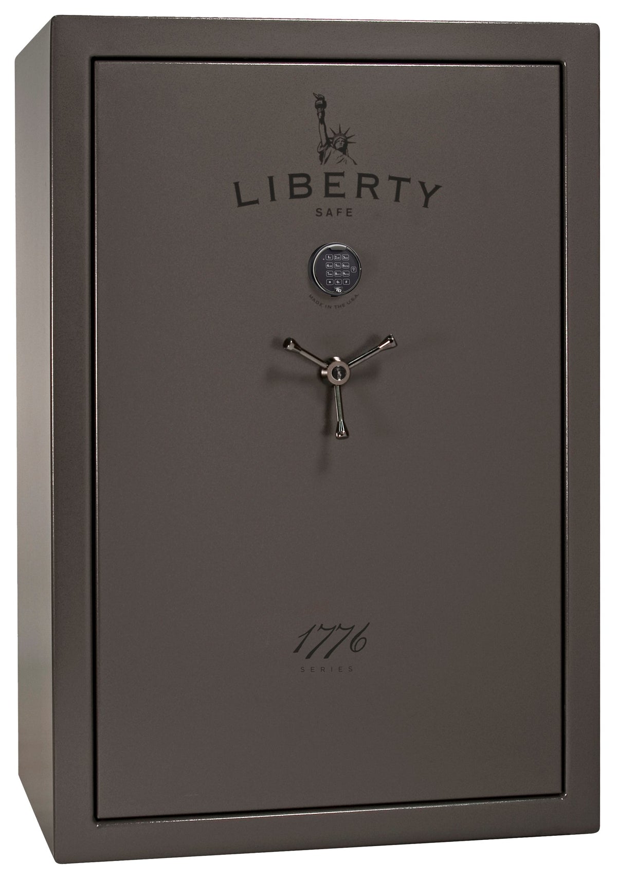 Liberty Safe 1776 50-Gun Safe in Gray Marble textured finish with electronic keypad, 3-spoke chrome handle, Liberty Safe logo and "1776 Series" script branding, front view