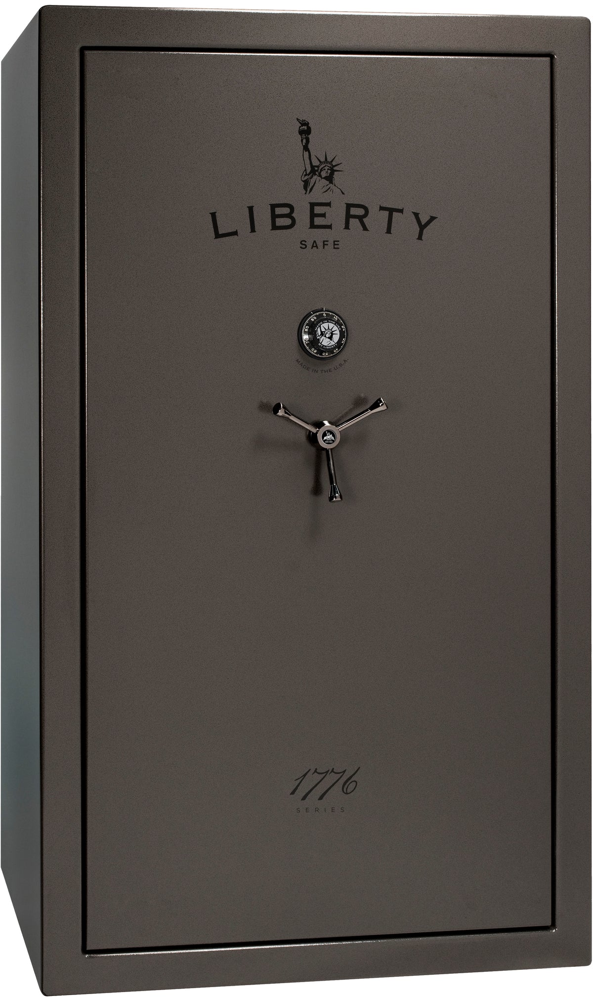 Liberty Safe 1776 64-Gun Safe in Gray Marble textured finish with mechanical combination dial, 3-spoke chrome handle, Liberty Safe logo and "1776 Series" script branding, front view
