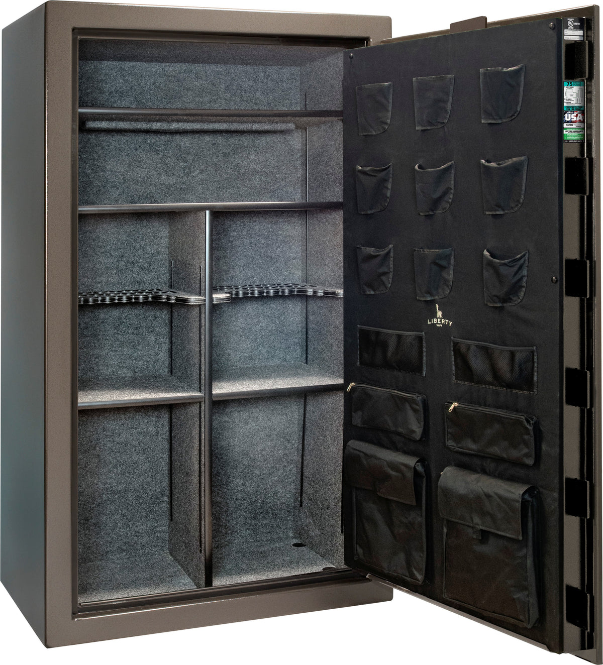 Liberty Safe 1776 64-Gun Safe with door open showing empty gray fabric interior, adjustable shelving, rifle racking with center divider, and Liberty-branded canvas door panel with twelve pistol pockets and document storage
