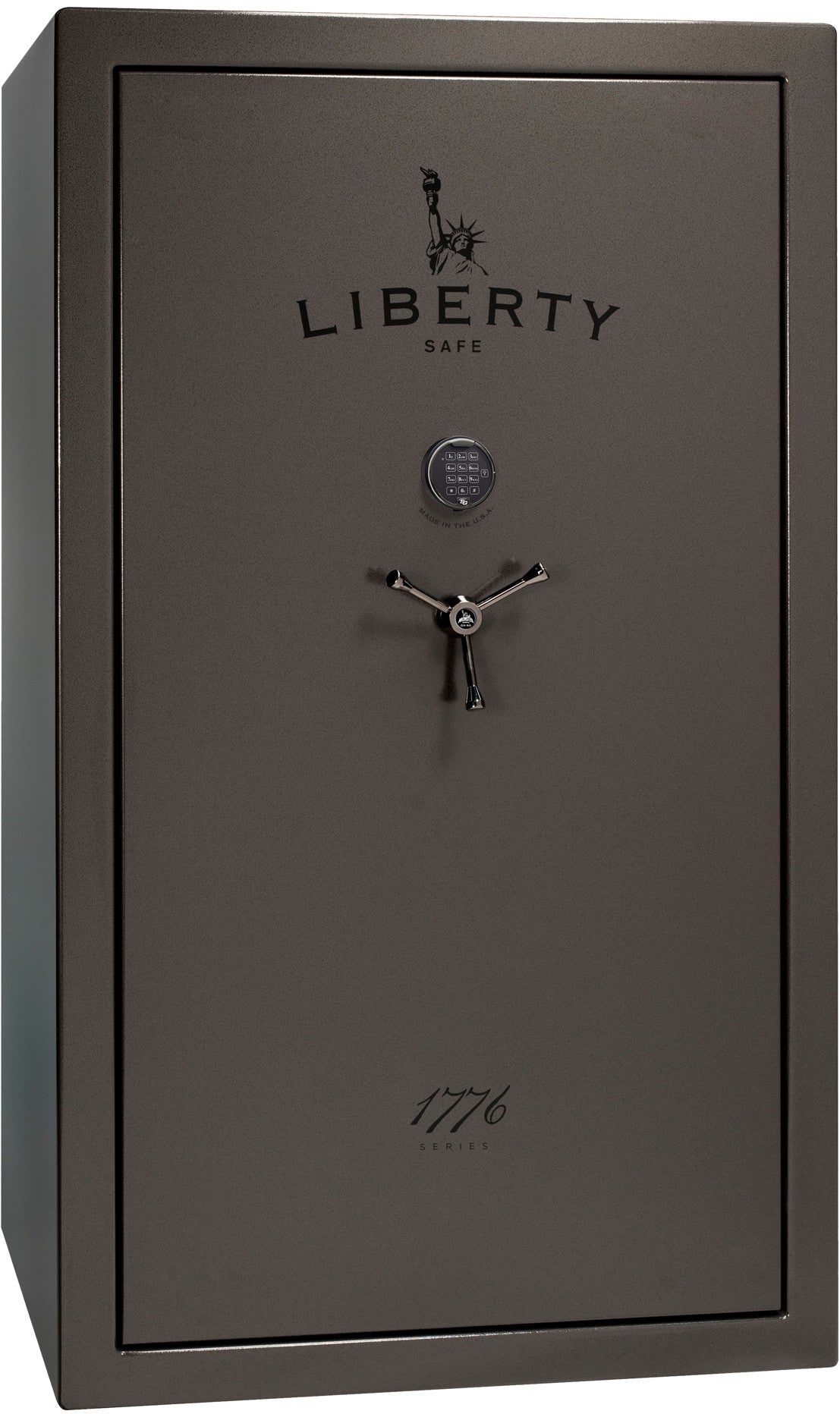 Liberty Safe 1776 64-Gun Safe in Gray Marble textured finish with electronic keypad, 3-spoke chrome handle, Liberty Safe logo and "1776 Series" script branding, front view