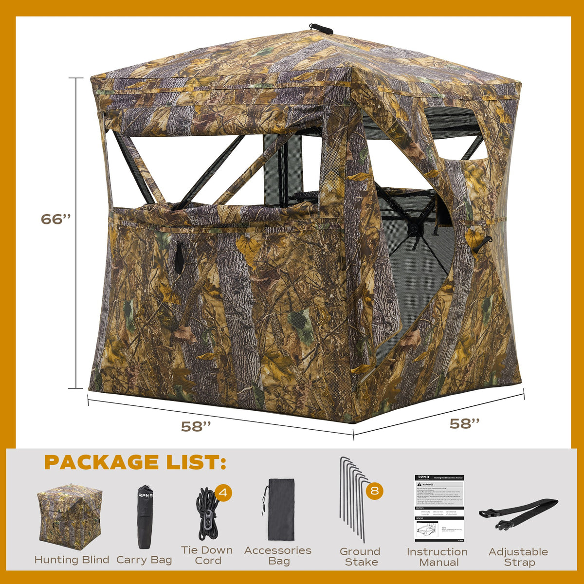 RPNB HGB-1 Hunting Blind One-Way 270 Degree See Through 2-3 Person Portable Pop-Up Dimensions and Package List