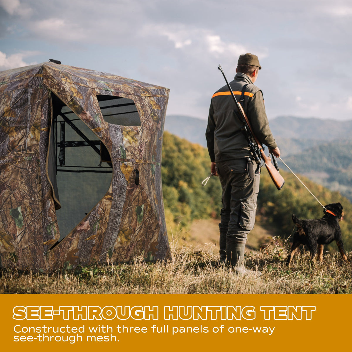RPNB HGB-1 Hunting Blind One-Way 270 Degree See Through 2-3 Person Portable Pop-Up Setup with Hunter and Dog In Woods