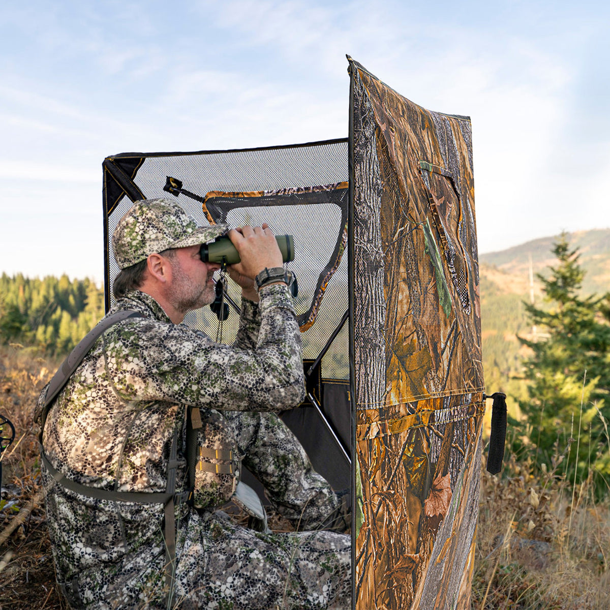 RPNB HGB-2 Hunting Blind Two-Panel Easy Setup One-Way See-Through Dual Hub On Other Side with Binoculars 