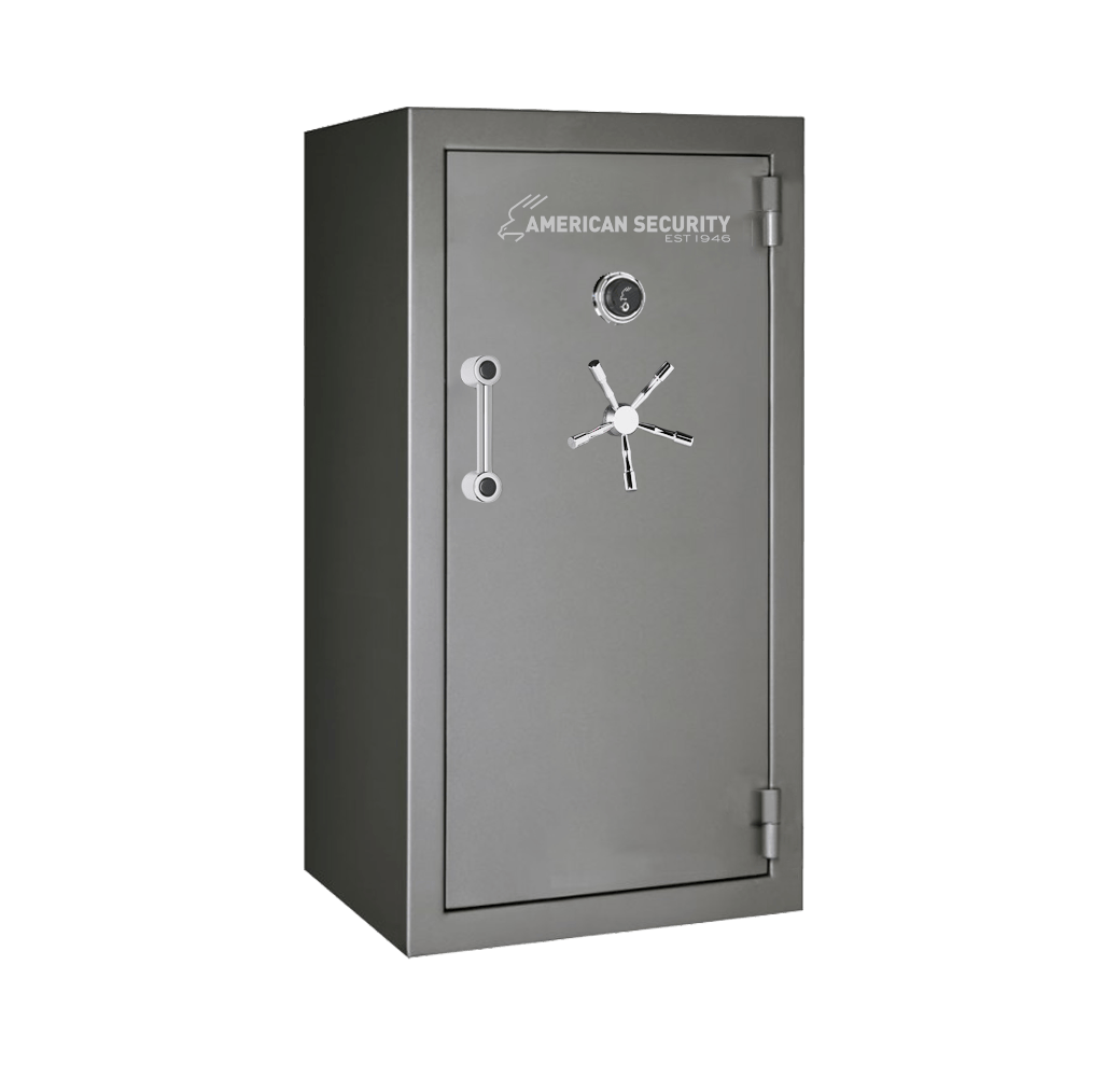 AMSEC BFX6030 gun safe in charcoal metallic finish with chrome 5-spoke handle and mechanical dial lock.