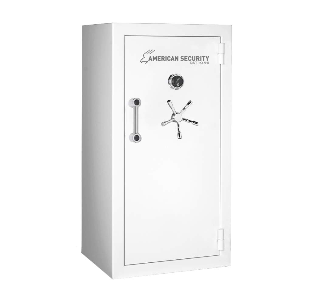 AMSEC BFX6030 gun safe in Pearl Essence finish with chrome 5-spoke handle and mechanical dial lock.