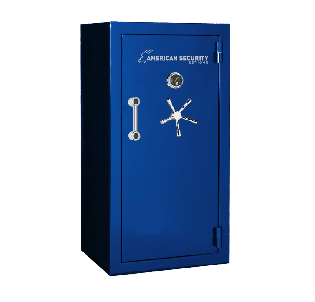 AMSEC BFX6030 gun safe in Sapphire Blue finish with chrome 5-spoke handle and mechanical dial lock.