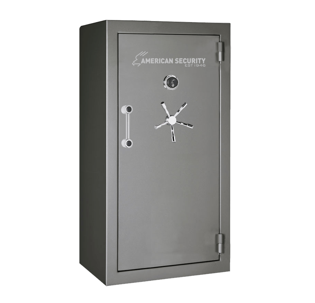 AMSEC BFX6032 gun safe in charcoal metallic finish with chrome 5-spoke handle and mechanical dial lock.