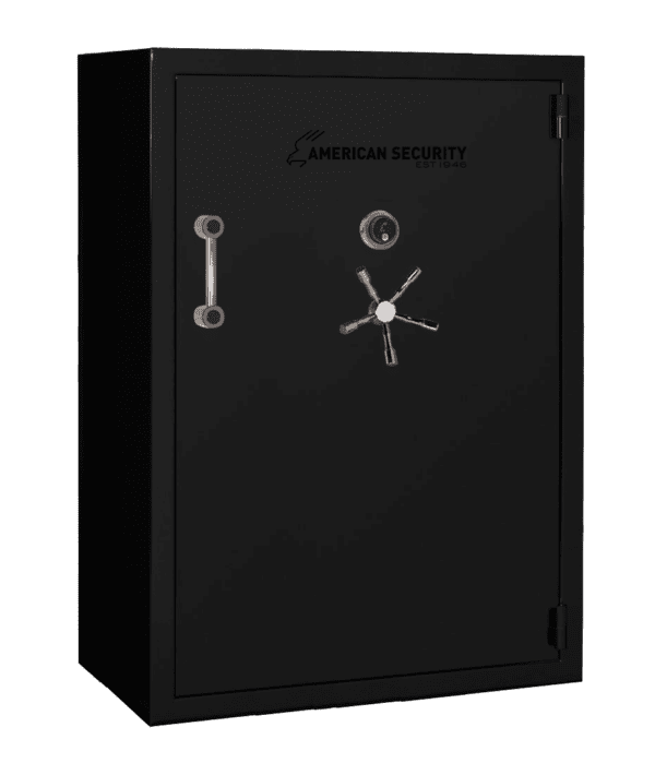 AMSEC BFX7250 gun safe in Onyx High Gloss finish with chrome 5-spoke handle and mechanical dial lock.