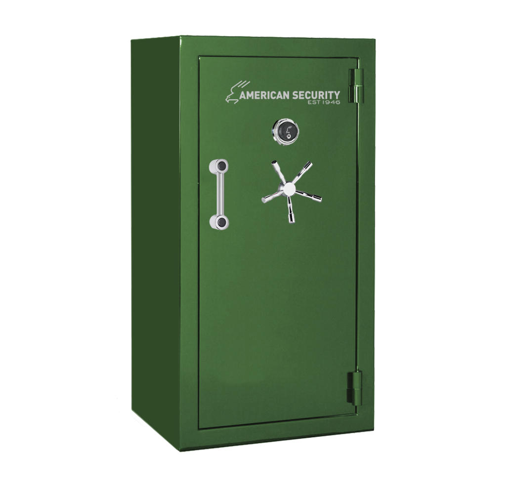 AMSEC BFX6030 gun safe in Ironside Green finish with chrome 5-spoke handle and mechanical dial lock.