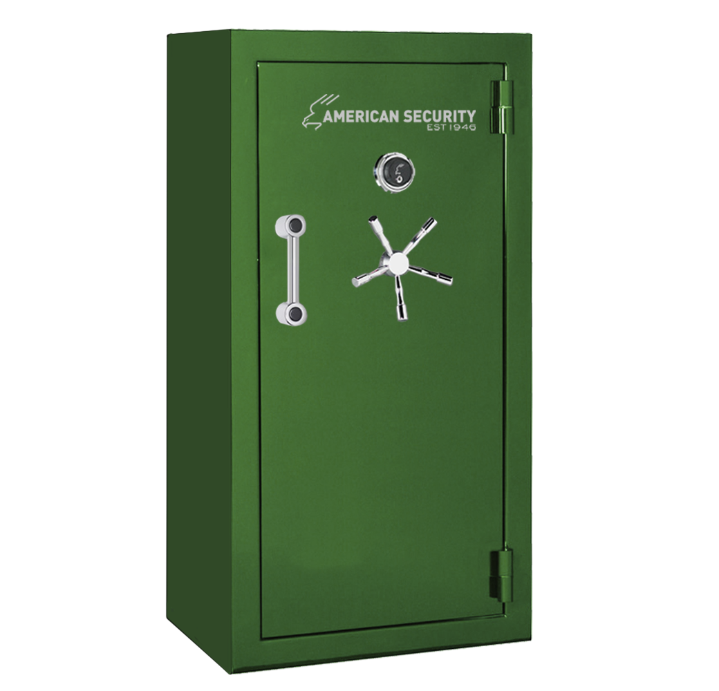 AMSEC BFX6032 gun safe in Ironside Green finish with chrome 5-spoke handle and mechanical dial lock.