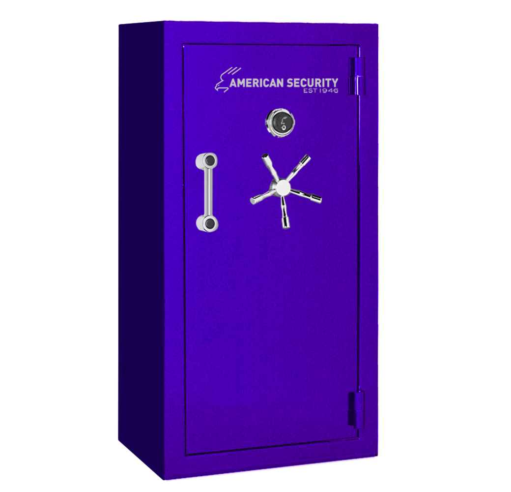 AMSEC BFX6032 gun safe in Reign Purple finish with chrome 5-spoke handle and mechanical dial lock.