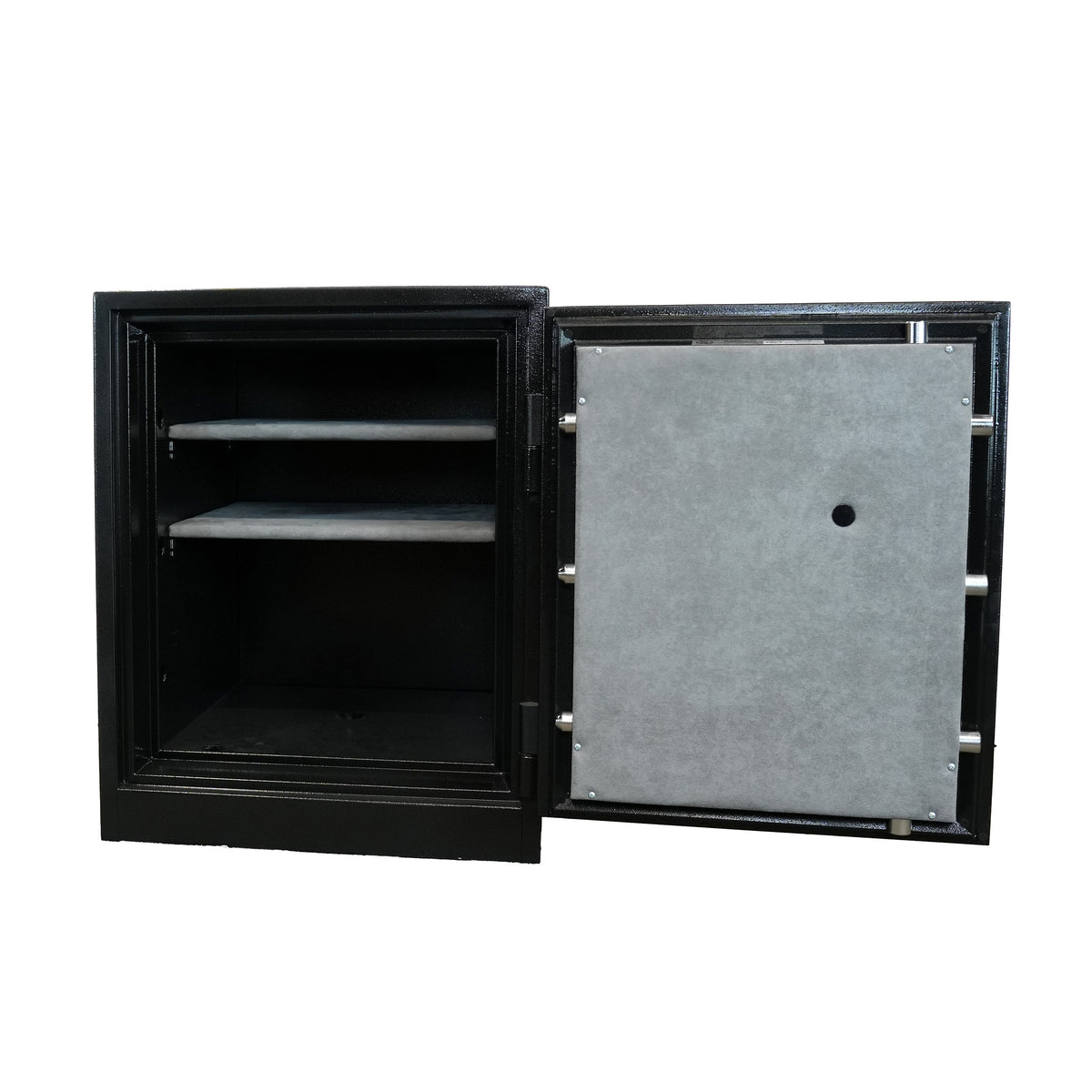 Gardall 2218 Burglar Fire Safe in Black finish with gold trim and biometric digital lock with door in open position. 