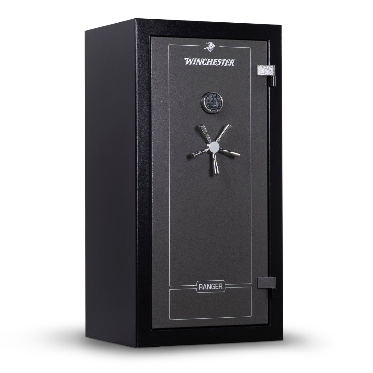 Winchester Ranger 26 closed, showing two-tone slate door on black body with 5-spoke chrome vault handle and electronic keypad
