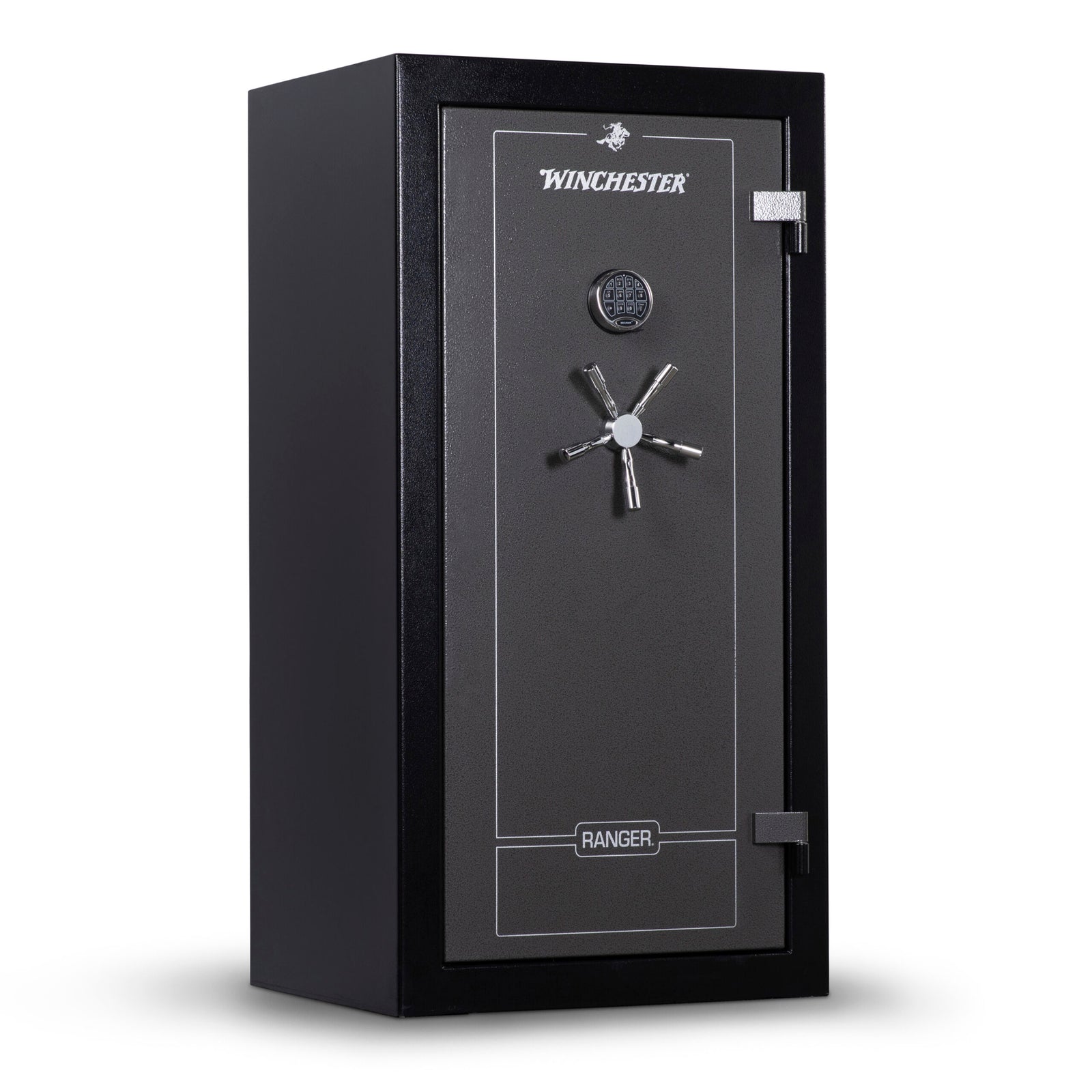 Winchester Ranger 26 closed, showing two-tone slate door on black body with 5-spoke chrome vault handle and electronic keypad