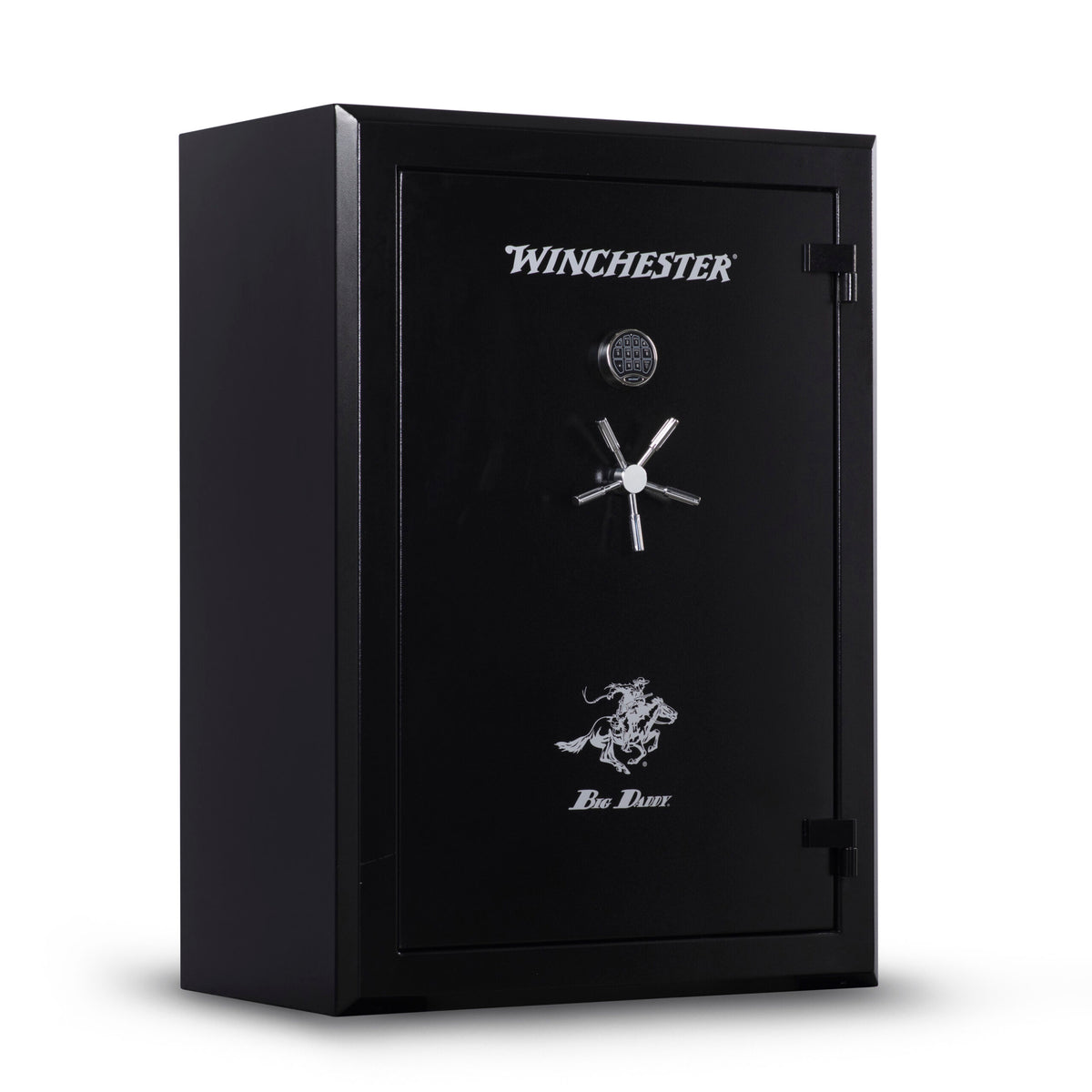Winchester Big Daddy Black closed, all-black body with silver Winchester logo, chrome keypad, and 5-spoke chrome handle