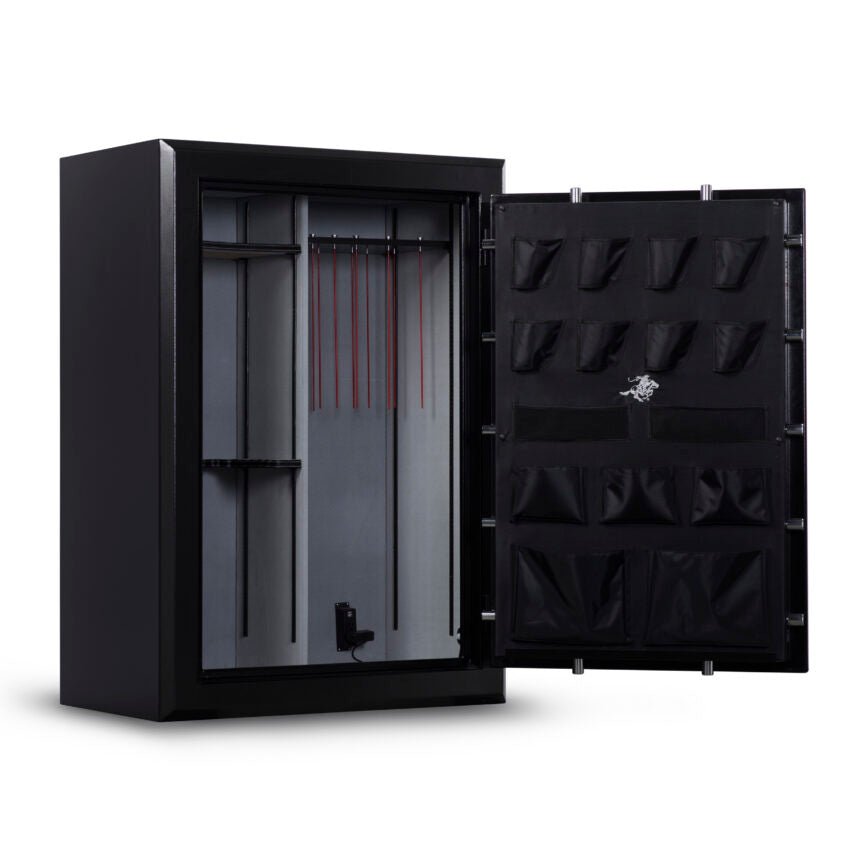 Winchester Big Daddy Black with the door open, showing the empty interior, GunStiXX vertical storage, and door organizer