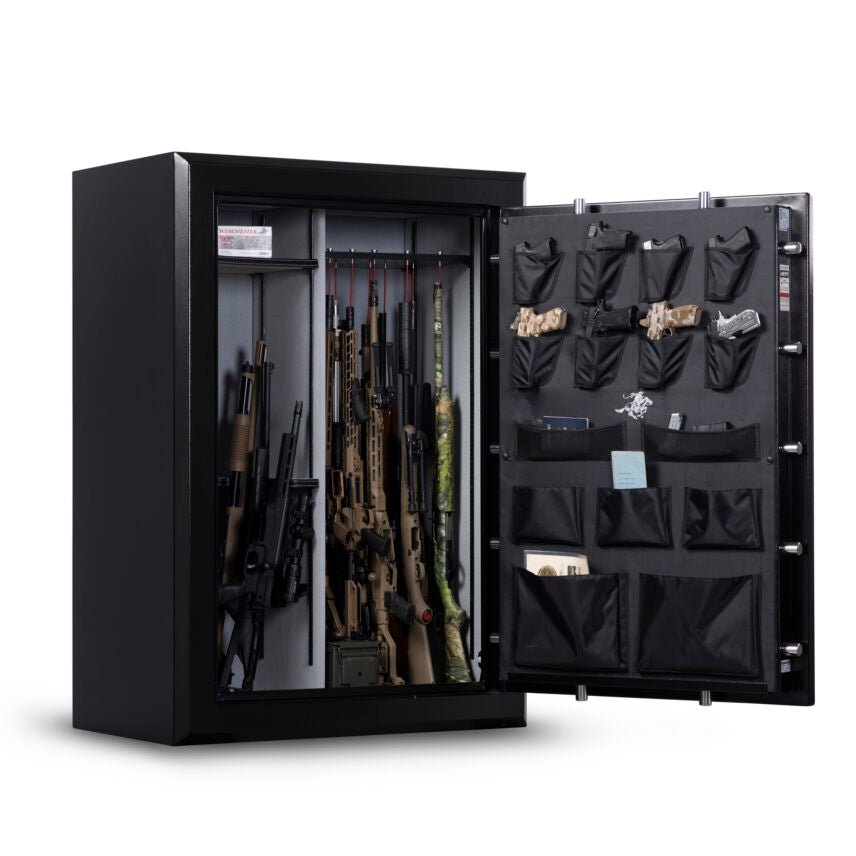 Winchester Big Daddy Black loaded with long guns in GunStiXX vertical storage and a stocked door organizer with handguns