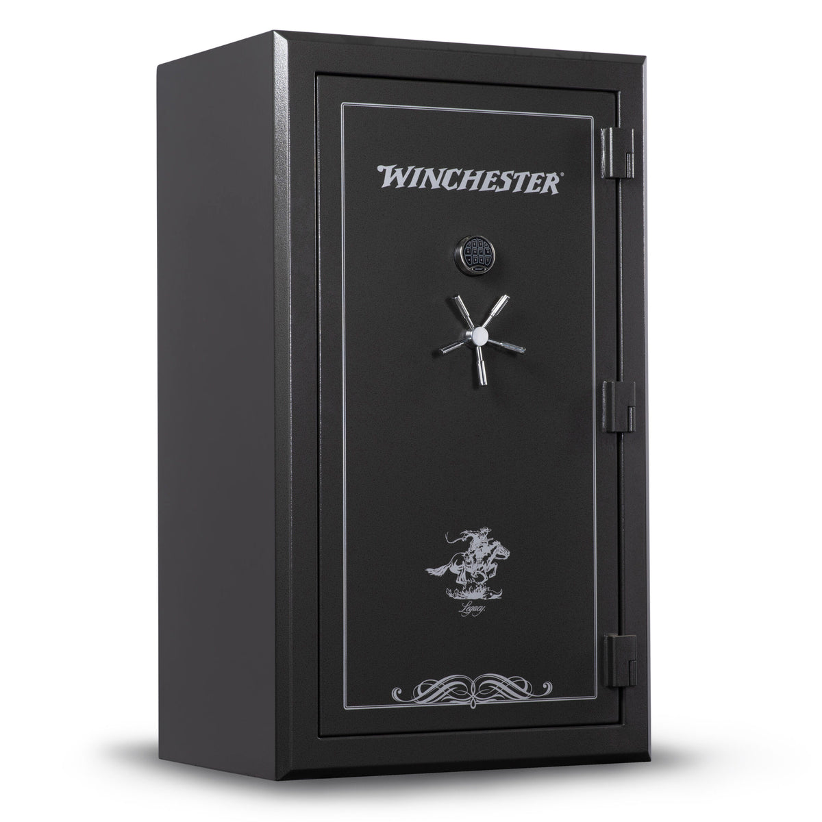 Winchester Legacy 53 Slate closed, slate-gray body with silver Winchester logo, keypad, and 5-spoke chrome handle