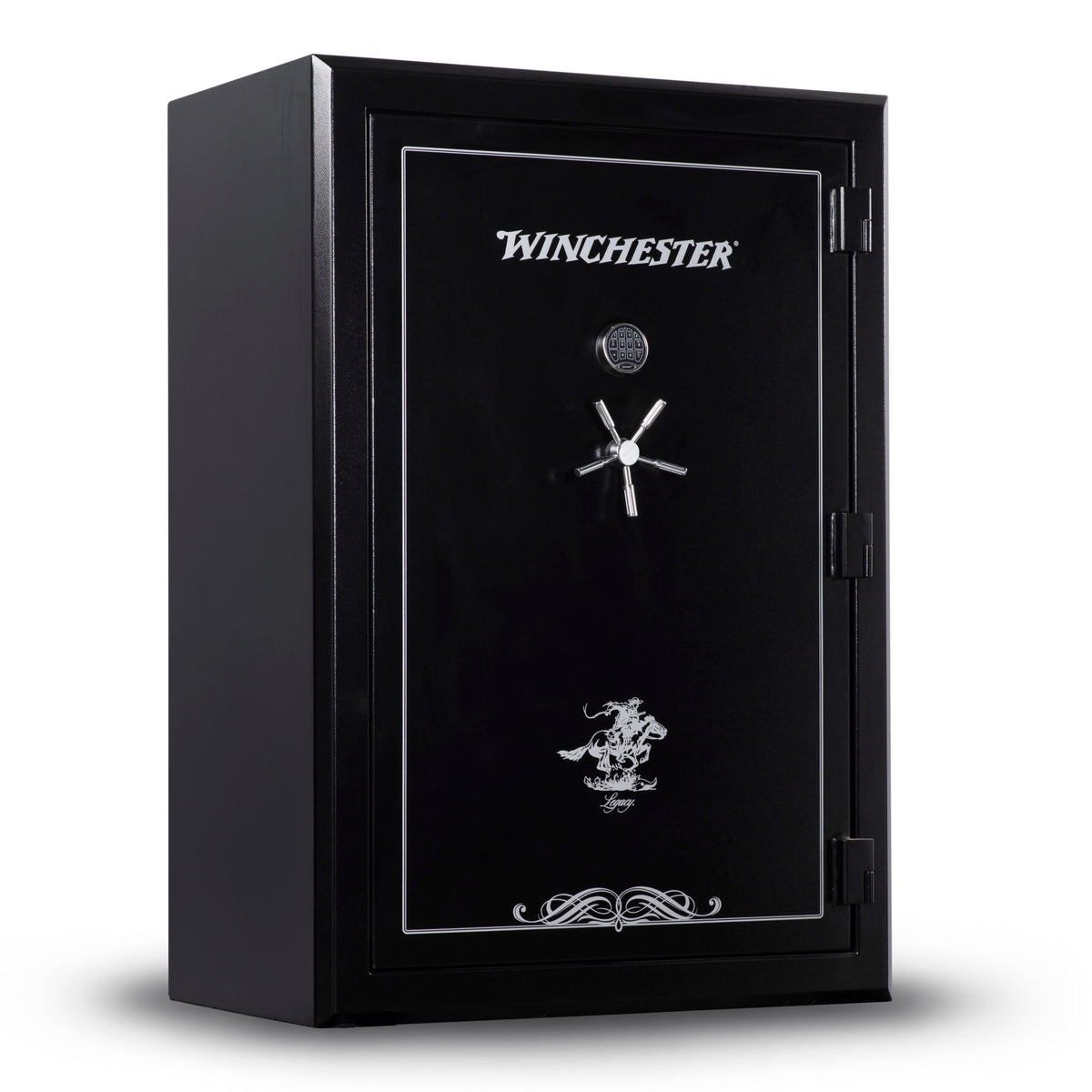 Winchester Legacy 62 Black closed, high-gloss black body with silver Winchester logo, keypad, and 5-spoke chrome handle