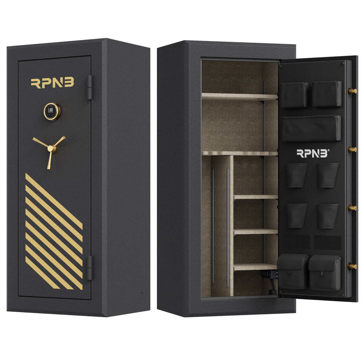 RPNB RPFS24-B 24 Gun Fireproof Biometric Gun Safe Black Door Closed on Left & Door Open on Right