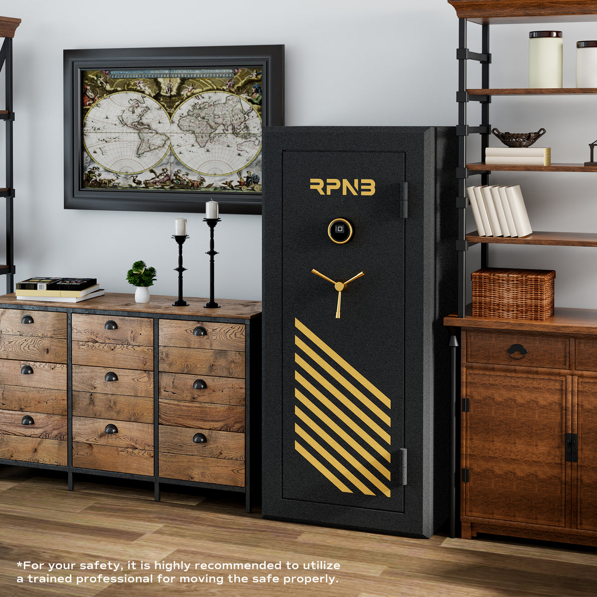 RPNB RPFS24-B 24 Gun Fireproof Biometric Gun Safe Black Installed Between Cabinets