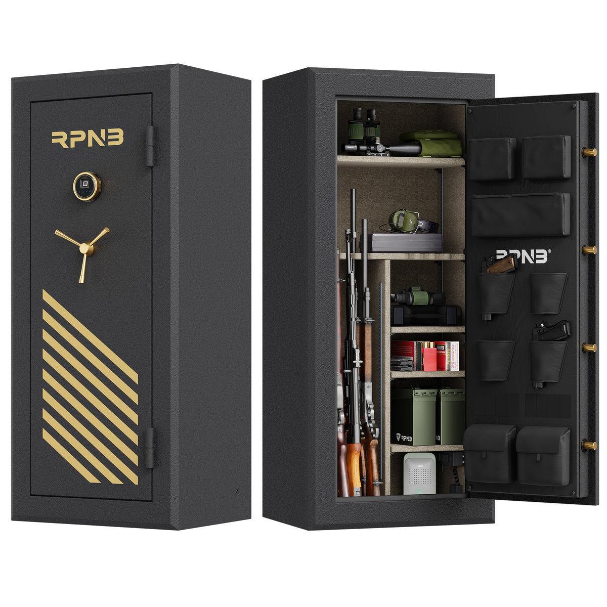 RPNB RPFS24-B 24 Gun Fireproof Biometric Gun Safe Black Door Open with Handgun