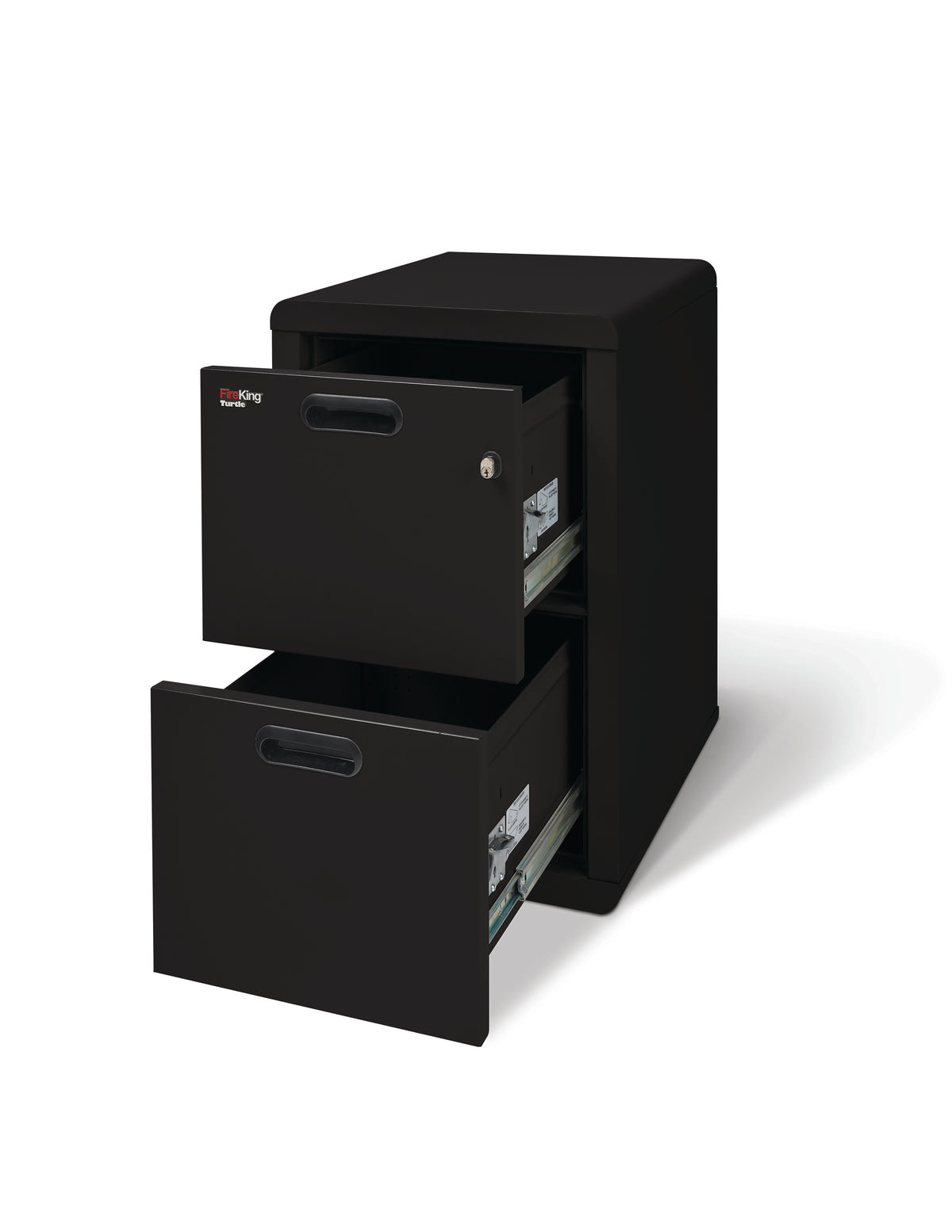 FireKing Turtle Contour 2-drawer in Black with both drawers open showing maintenance-free telescoping suspension rails