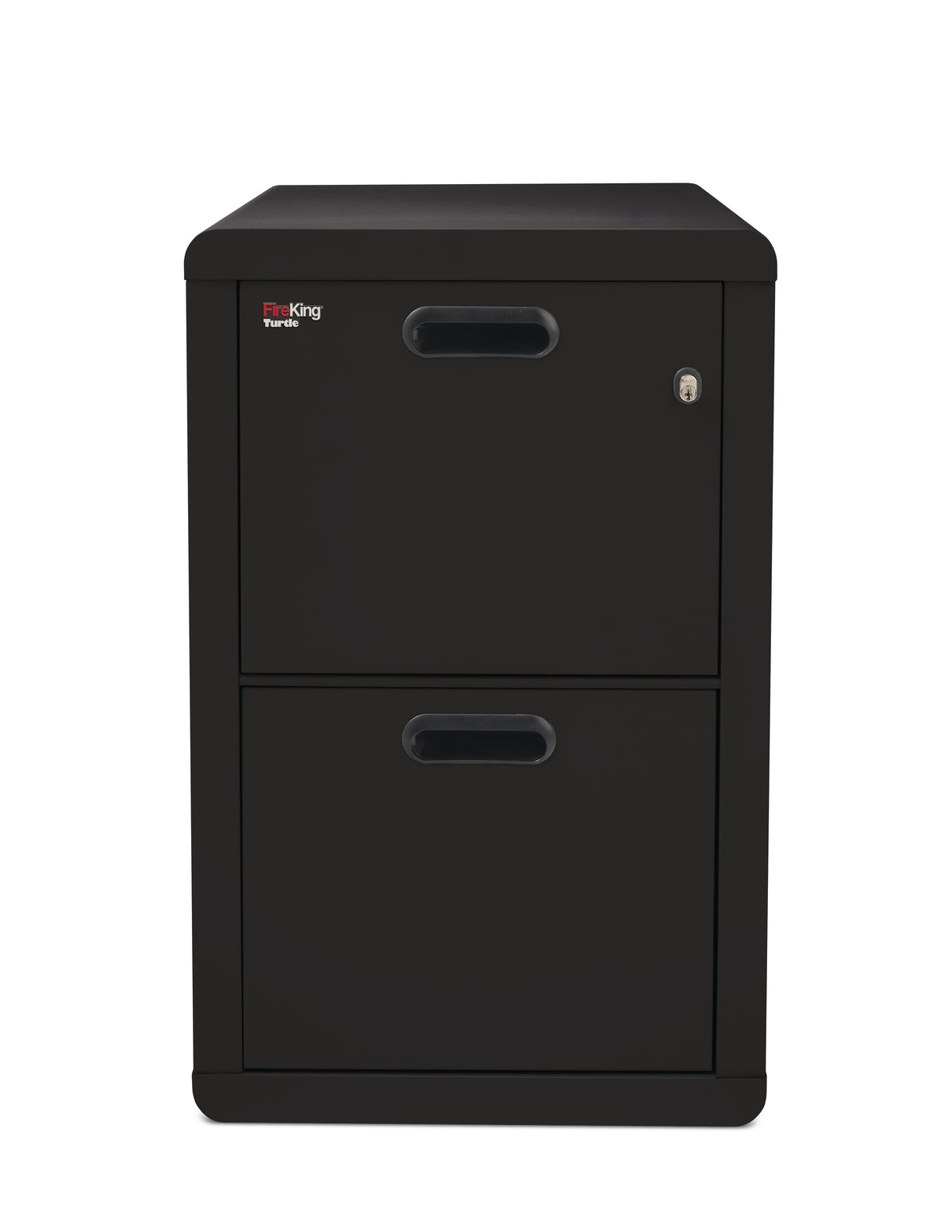 FireKing Turtle Contour 2-drawer fireproof file cabinet in Black, front view with radiused edges and recessed handles