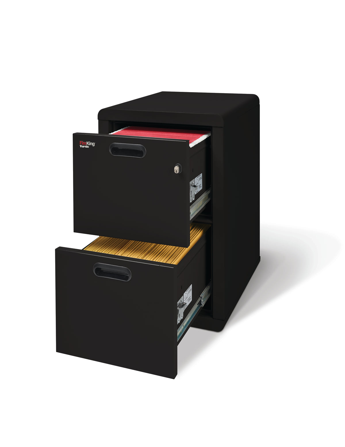 FireKing Turtle Contour 2-drawer fireproof file cabinet in Black, both drawers open showing red and yellow hanging folders