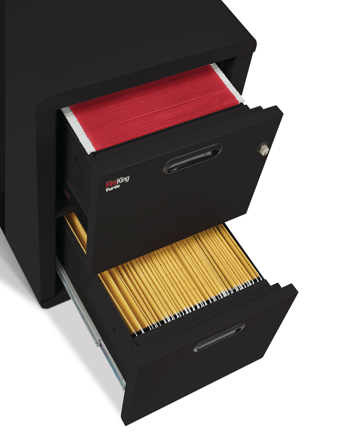 FireKing Turtle Contour 2-drawer open showing red and yellow hanging folders in letter and legal file capacity