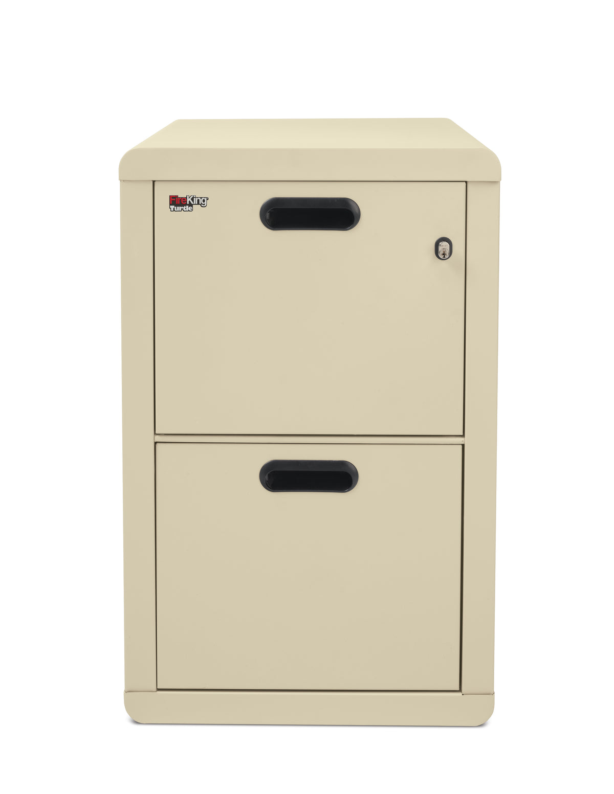 FireKing Turtle Contour 2-drawer fireproof file cabinet in Parchment, closed with radiused edges and recessed handles