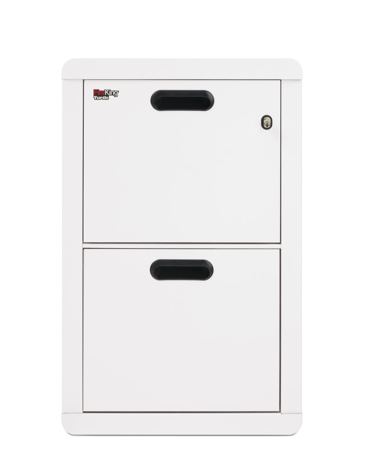 FireKing Turtle Contour 2-drawer fireproof file cabinet in Arctic White, closed with radiused edges and recessed handles