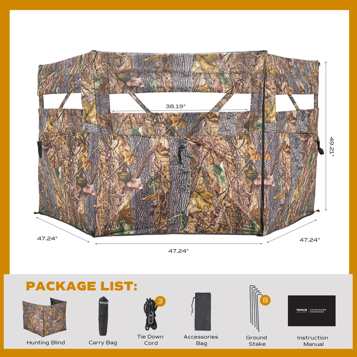 RPNB HGB-5 3-Hub Camouflage Ground Hunting Blind One-Way See Through Specifications &amp; Package List