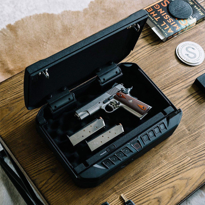 Vaultek V30i 30 Series Essential Biometric Handgun Safe On a Desk with Door Open