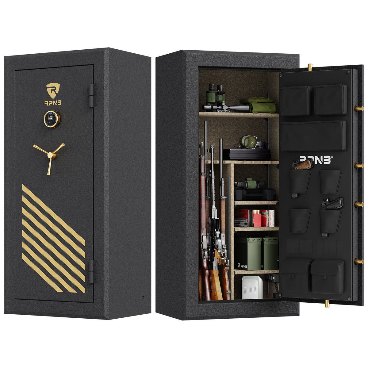 RPNB RPFS30-B 30 Gun Fireproof Biometric Gun Safe Black Door Closed & Open Full