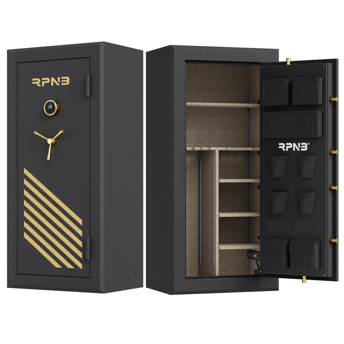 RPNB RPFS30-B 30 Gun Fireproof Biometric Gun Safe Black Door Closed on Left & Door Open on Right Empty