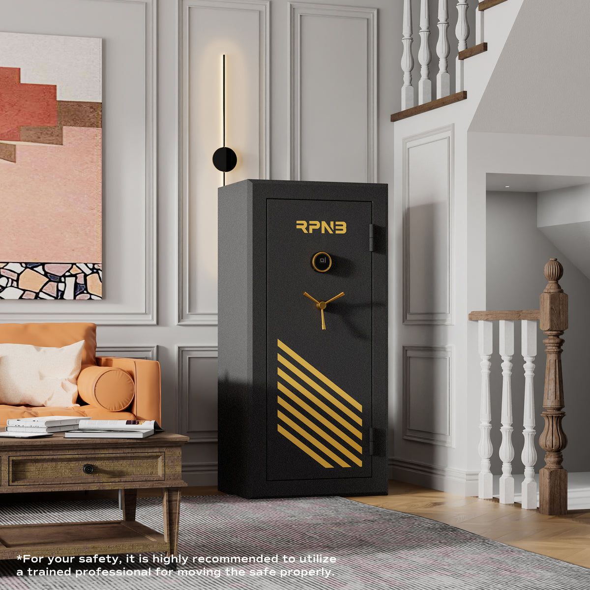 RPNB RPFS30-B 30 Gun Fireproof Biometric Gun Safe Black Installed in Living Room Next to Couch