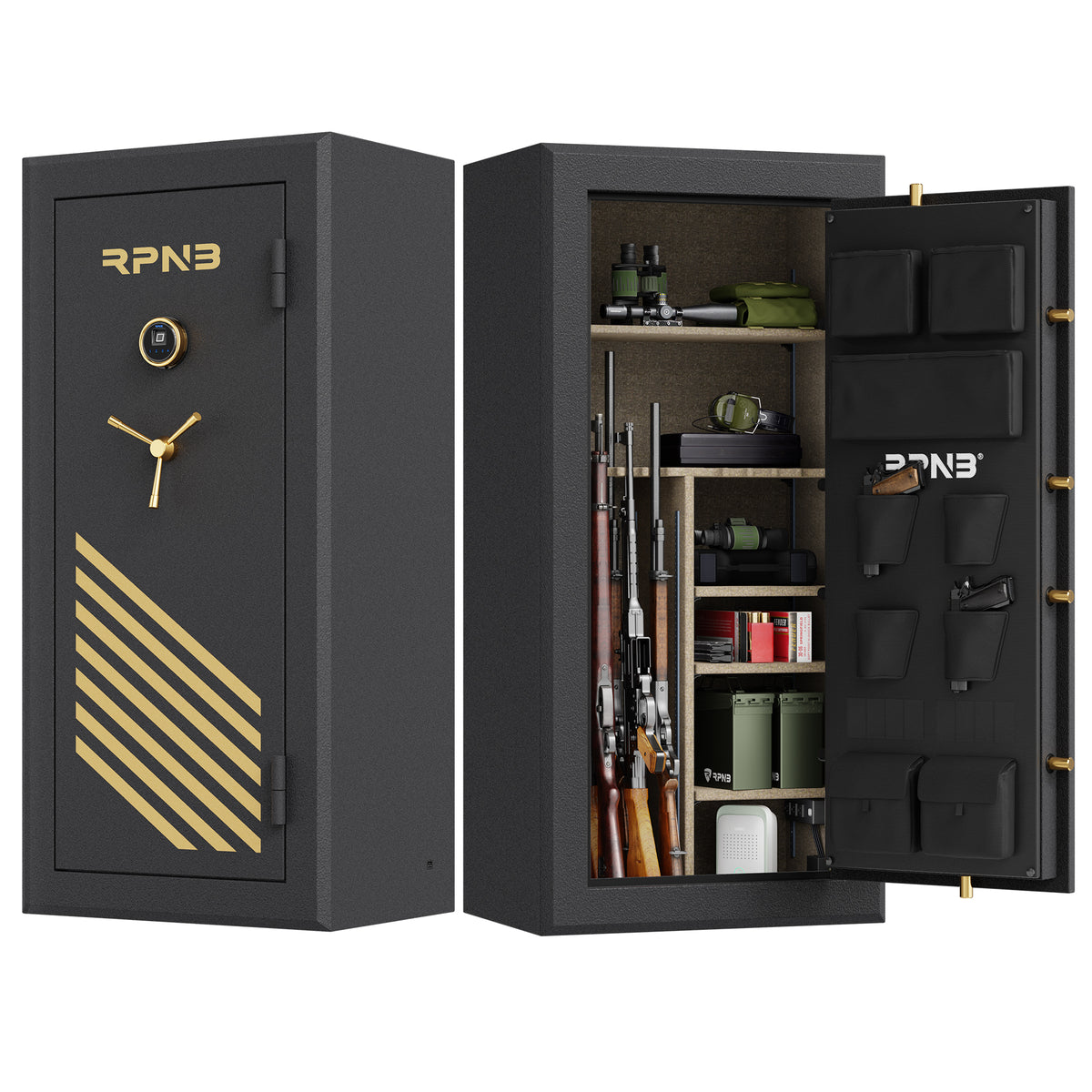 RPNB RPFS30-B 30 Gun Fireproof Biometric Gun Safe Black Door Closed on Left & Door Open on Right with Contents