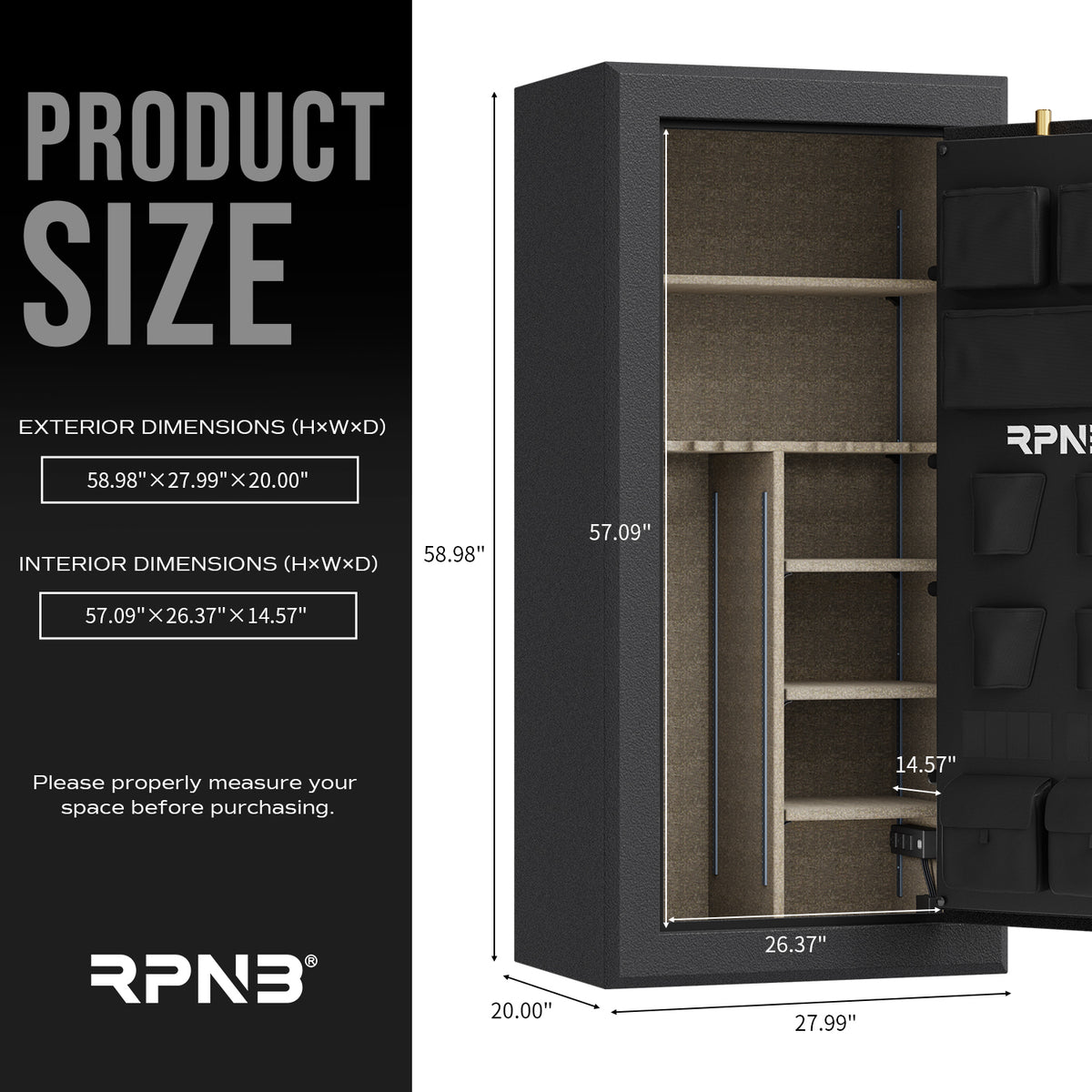 RPNB RPFS30-B 30 Gun Fireproof Biometric Gun Safe Black Dimensions