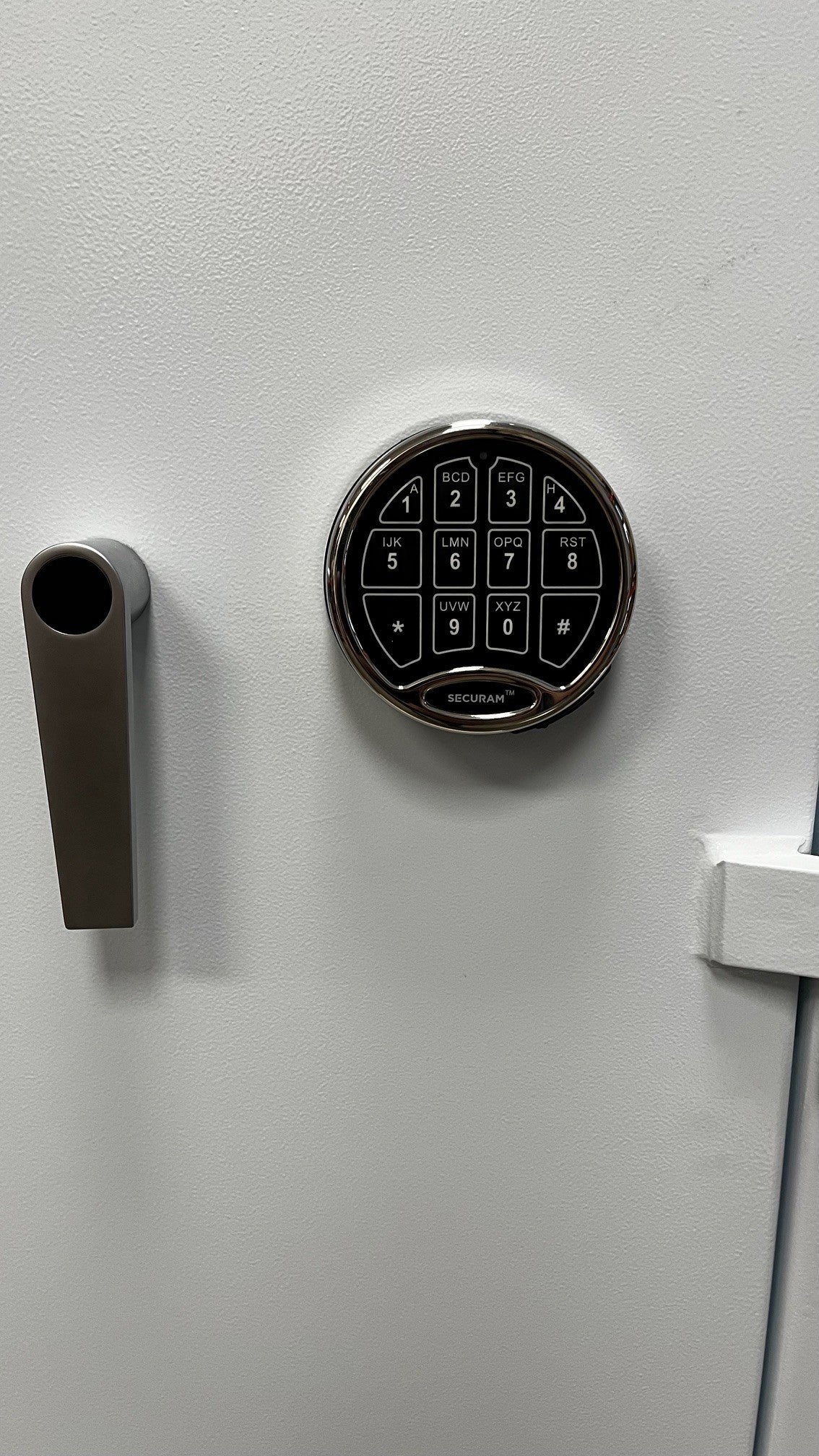 Close-up view of the Securam basic digital lock. The lock is a single user. 