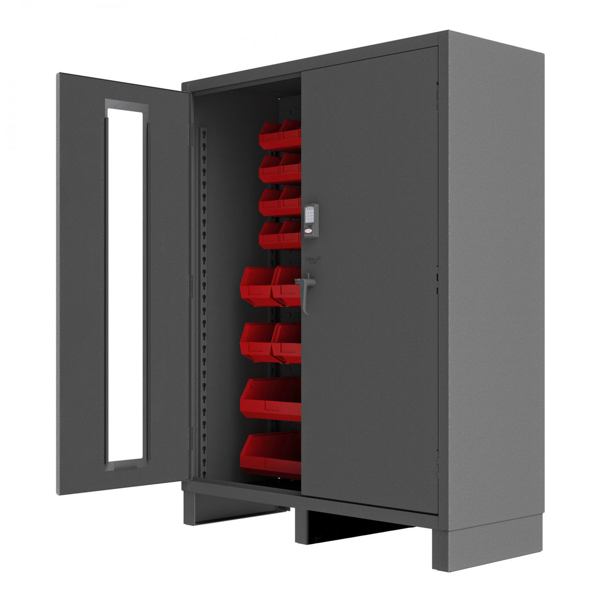 Durham 3704CXC-54B-1795 14-Gauge Security Access Control Cabinet Clear Door with 54 Red Bins